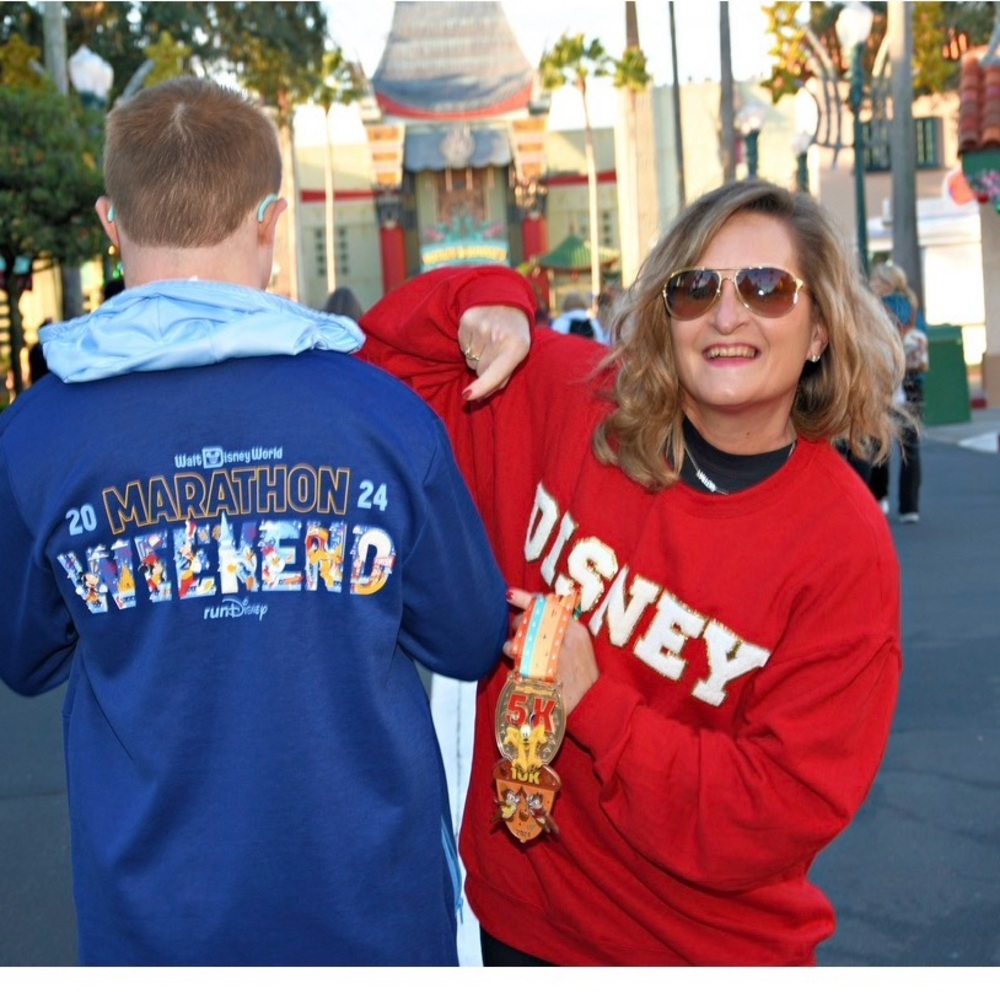 Disney Red Pullover with Gold Lettering Chenille Patches Sweatshirt Large